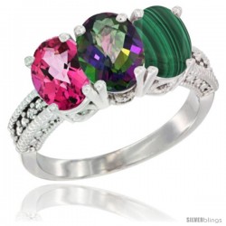 14K White Gold Natural Pink Topaz, Mystic Topaz & Malachite Ring 3-Stone 7x5 mm Oval Diamond Accent