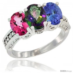 14K White Gold Natural Pink Topaz, Mystic Topaz & Tanzanite Ring 3-Stone 7x5 mm Oval Diamond Accent