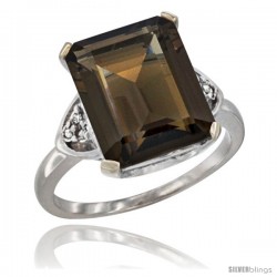 10K White Gold Natural Smoky Topaz Ring Emerald-shape 12x10 Stone Diamond Accent