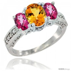 14k White Gold Ladies Oval Natural Citrine 3-Stone Ring with Pink Topaz Sides Diamond Accent