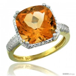 10k Yellow Gold Diamond Citrine Ring 5.94 ct Checkerboard Cushion 11 mm Stone 1/2 in wide