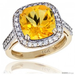 10k Yellow Gold Diamond Halo Citrine Ring Cushion Shape 10 mm 4.5 ct 1/2 in wide