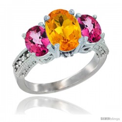 14K White Gold Ladies 3-Stone Oval Natural Citrine Ring with Pink Topaz Sides Diamond Accent