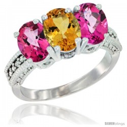 14K White Gold Natural Citrine & Pink Topaz Sides Ring 3-Stone 7x5 mm Oval Diamond Accent