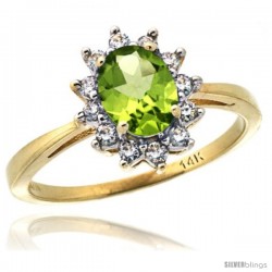 14k Yellow Gold Diamond Halo Peridot Ring 0.85 ct Oval Stone 7x5 mm, 1/2 in wide