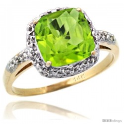 14k Yellow Gold Diamond Peridot Ring 2.08 ct Cushion cut 8 mm Stone 1/2 in wide