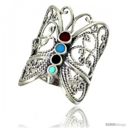 Sterling Silver Filigree Butterfly Ring Multi Color Stone Inlay 1 in wide