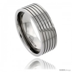 Titanium 9mm Flat Wedding Band Ring Polished finish 5 Stripes Comfort-fit