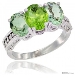 10K White Gold Natural Peridot & Green Amethyst Sides Ring 3-Stone Oval 7x5 mm Diamond Accent