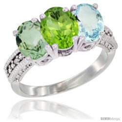 10K White Gold Natural Green Amethyst, Peridot & Aquamarine Ring 3-Stone Oval 7x5 mm Diamond Accent