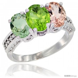 10K White Gold Natural Green Amethyst, Peridot & Morganite Ring 3-Stone Oval 7x5 mm Diamond Accent