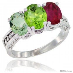 10K White Gold Natural Green Amethyst, Peridot & Ruby Ring 3-Stone Oval 7x5 mm Diamond Accent