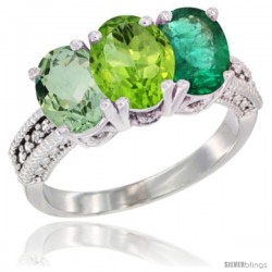 10K White Gold Natural Green Amethyst, Peridot & Emerald Ring 3-Stone Oval 7x5 mm Diamond Accent