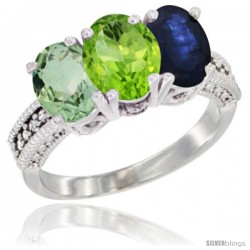 10K White Gold Natural Green Amethyst, Peridot & Blue Sapphire Ring 3-Stone Oval 7x5 mm Diamond Accent