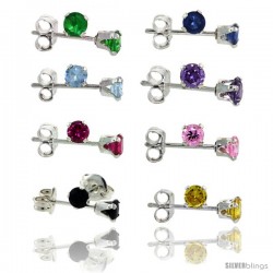 8-Pair Set Sterling Silver Color Cubic Zirconia Stud Earrings 3 mm Emerald, Blue Sapphire, Blue Topaz, Amethyst, Ruby, Pink