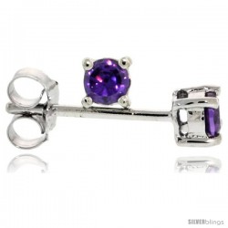 Sterling Silver Brilliant Cut Cubic Zirconia Stud Earrings Amethyst Purple 1/10 cttw Basket Set Rhodium Finish