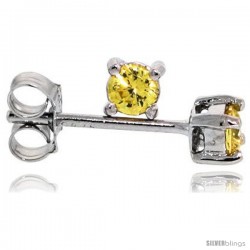 Sterling Silver Brilliant Cut Cubic Zirconia Stud Earrings Citrine Yellow 1/10 cttw Basket Set Rhodium Finish