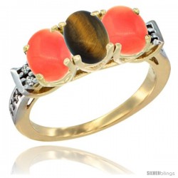 10K Yellow Gold Natural Tiger Eye & Coral Sides Ring 3-Stone Oval 7x5 mm Diamond Accent