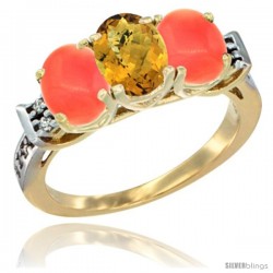 10K Yellow Gold Natural Whisky Quartz & Coral Sides Ring 3-Stone Oval 7x5 mm Diamond Accent