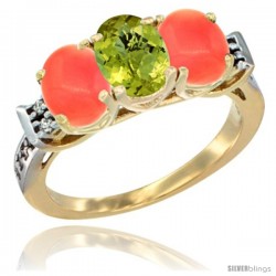 10K Yellow Gold Natural Lemon Quartz & Coral Sides Ring 3-Stone Oval 7x5 mm Diamond Accent