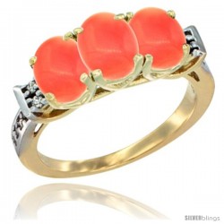 10K Yellow Gold Natural Coral Ring 3-Stone Oval 7x5 mm Diamond Accent