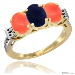 10K Yellow Gold Natural Lapis & Coral Sides Ring 3-Stone Oval 7x5 mm Diamond Accent