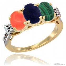 10K Yellow Gold Natural Coral, Lapis & Malachite Ring 3-Stone Oval 7x5 mm Diamond Accent