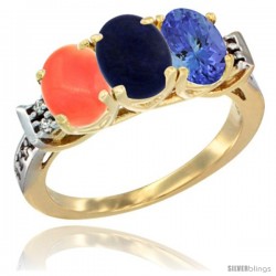 10K Yellow Gold Natural Coral, Lapis & Tanzanite Ring 3-Stone Oval 7x5 mm Diamond Accent