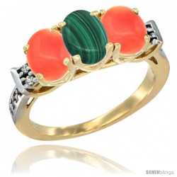 10K Yellow Gold Natural Malachite & Coral Sides Ring 3-Stone Oval 7x5 mm Diamond Accent