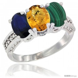 14K White Gold Natural Blue Sapphire, Whisky Quartz & Malachite Ring 3-Stone 7x5 mm Oval Diamond Accent