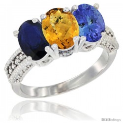 14K White Gold Natural Blue Sapphire, Whisky Quartz & Tanzanite Ring 3-Stone 7x5 mm Oval Diamond Accent