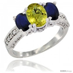 14k White Gold Ladies Oval Natural Lemon Quartz 3-Stone Ring with Blue Sapphire Sides Diamond Accent