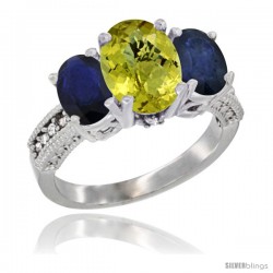 14K White Gold Ladies 3-Stone Oval Natural Lemon Quartz Ring with Blue Sapphire Sides Diamond Accent