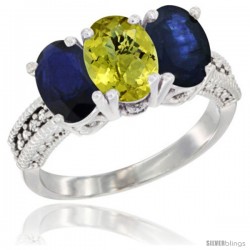 14K White Gold Natural Lemon Quartz & Blue Sapphire Sides Ring 3-Stone 7x5 mm Oval Diamond Accent