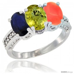 14K White Gold Natural Blue Sapphire, Lemon Quartz & Coral Ring 3-Stone 7x5 mm Oval Diamond Accent