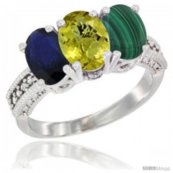 14K White Gold Natural Blue Sapphire, Lemon Quartz & Malachite Ring 3-Stone 7x5 mm Oval Diamond Accent