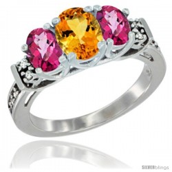 14K White Gold Natural Citrine & Pink Topaz Ring 3-Stone Oval with Diamond Accent