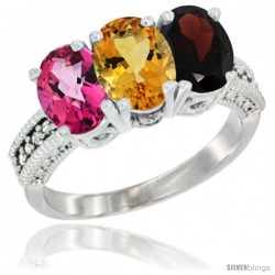 14K White Gold Natural Pink Topaz, Citrine & Garnet Ring 3-Stone 7x5 mm Oval Diamond Accent