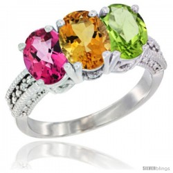 14K White Gold Natural Pink Topaz, Citrine & Peridot Ring 3-Stone 7x5 mm Oval Diamond Accent