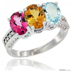 14K White Gold Natural Pink Topaz, Citrine & Aquamarine Ring 3-Stone 7x5 mm Oval Diamond Accent