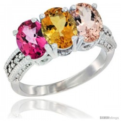 14K White Gold Natural Pink Topaz, Citrine & Morganite Ring 3-Stone 7x5 mm Oval Diamond Accent