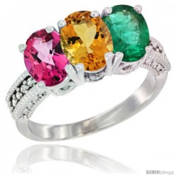 14K White Gold Natural Pink Topaz, Citrine & Emerald Ring 3-Stone 7x5 mm Oval Diamond Accent