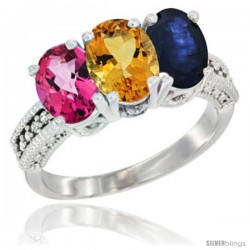 14K White Gold Natural Pink Topaz, Citrine & Blue Sapphire Ring 3-Stone 7x5 mm Oval Diamond Accent