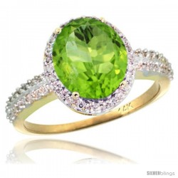 14k Yellow Gold Diamond Peridot Ring Oval Stone 10x8 mm 2.4 ct 1/2 in wide