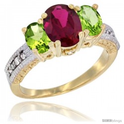 14k Yellow Gold Ladies Oval Natural Ruby 3-Stone Ring with Peridot Sides Diamond Accent