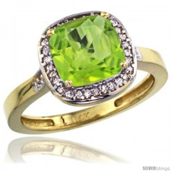 14k Yellow Gold Diamond Peridot Ring 2.08 ct Checkerboard Cushion 8mm Stone 1/2.08 in wide