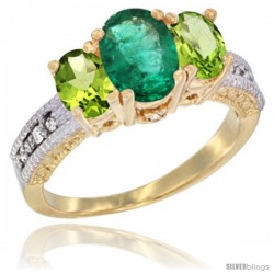 14k Yellow Gold Ladies Oval Natural Emerald 3-Stone Ring with Peridot Sides Diamond Accent