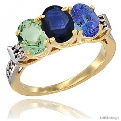 10K Yellow Gold Natural Green Amethyst, Blue Sapphire & Tanzanite Ring 3-Stone Oval 7x5 mm Diamond Accent