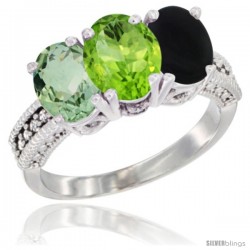 10K White Gold Natural Green Amethyst, Peridot & Black Onyx Ring 3-Stone Oval 7x5 mm Diamond Accent