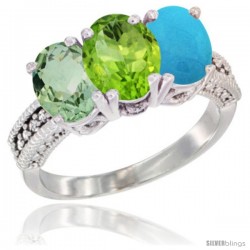 10K White Gold Natural Green Amethyst, Peridot & Turquoise Ring 3-Stone Oval 7x5 mm Diamond Accent